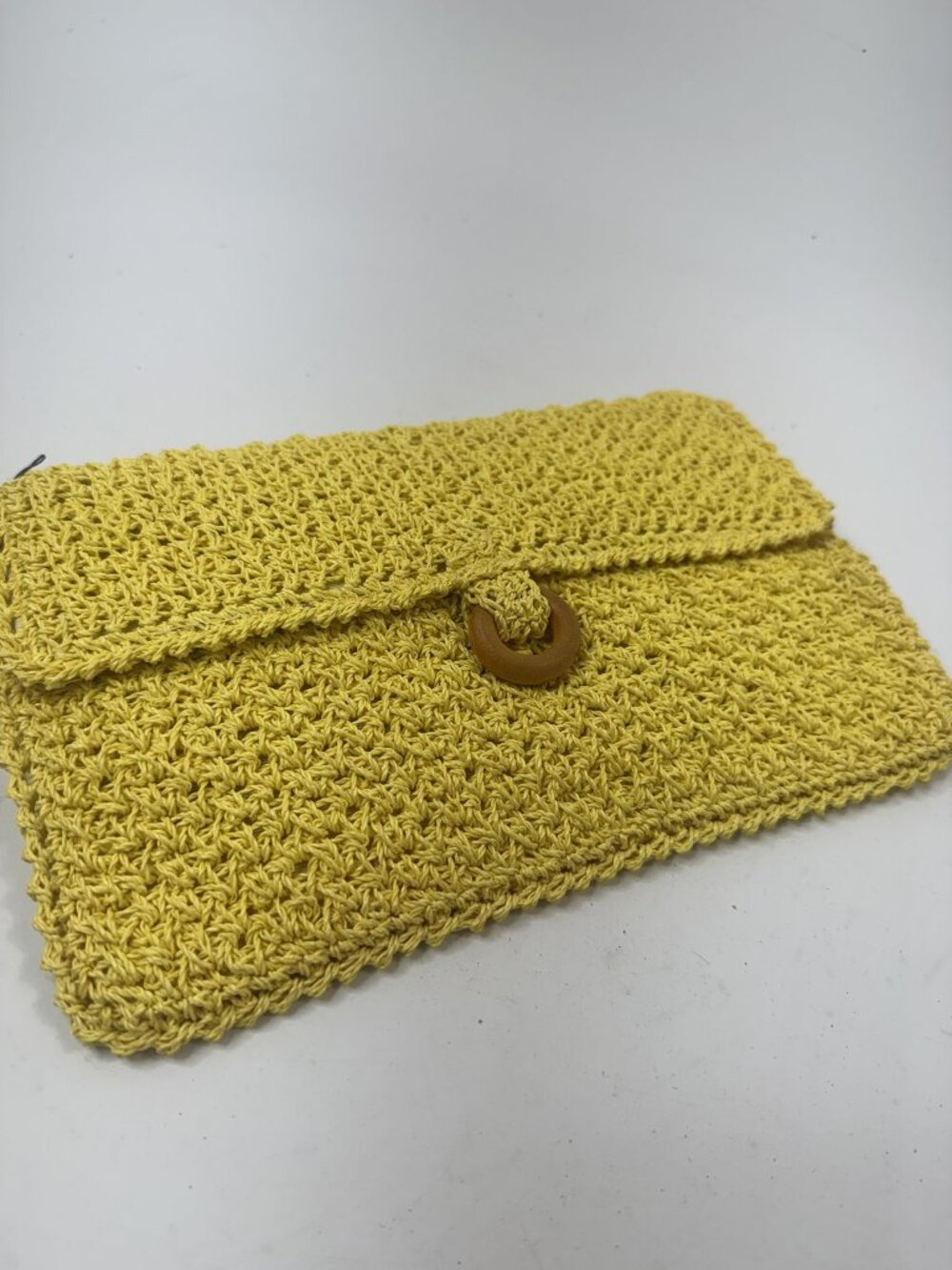 Woven Yellow Crochet Clutch With Wooden Button Closure Handmade In Korea